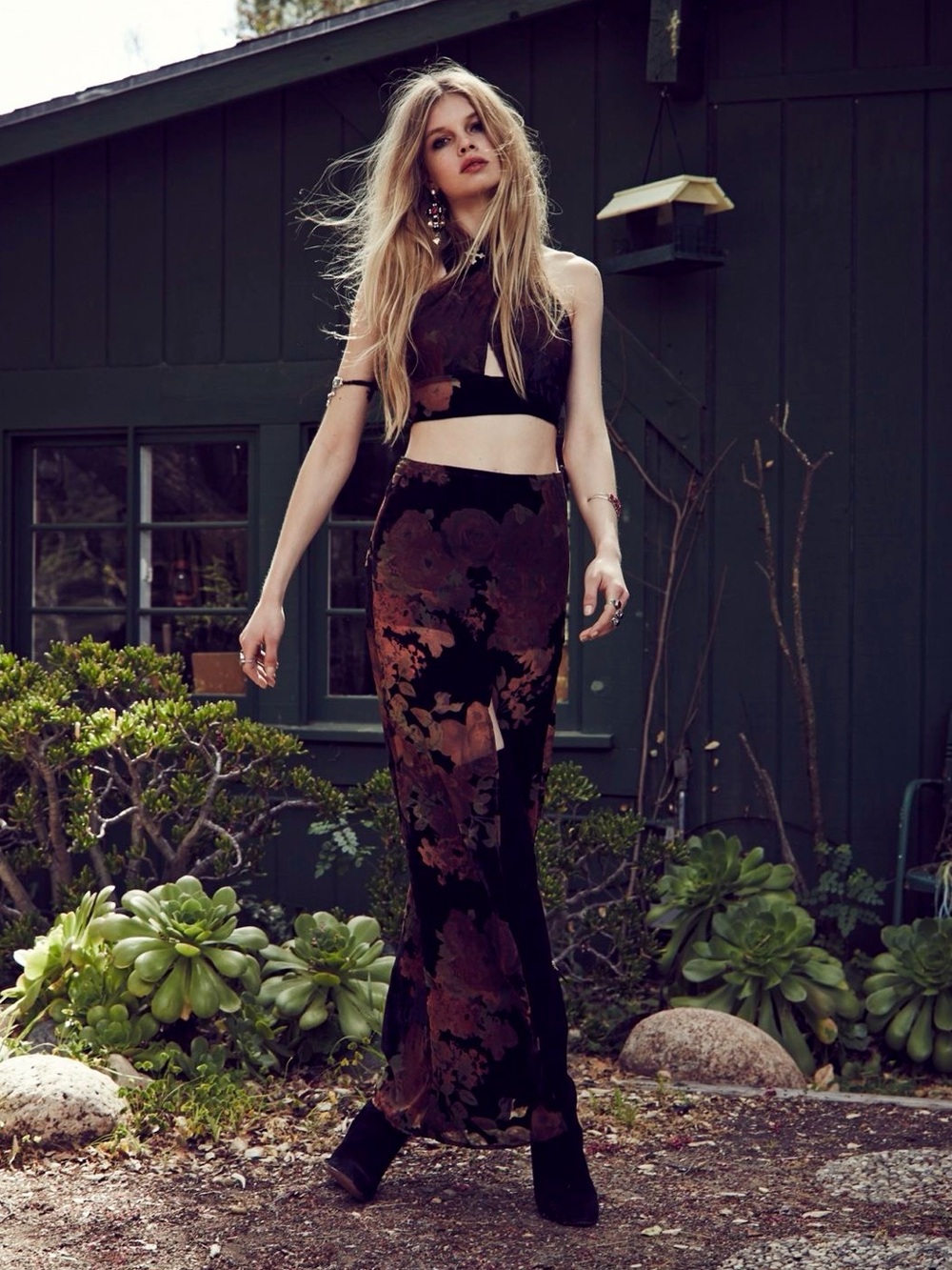 For Love & Lemons Dusty Rose Crop Top and Maxi Skirt in Rose Burnout